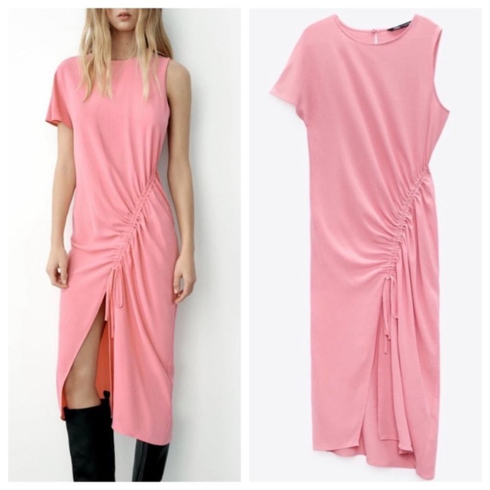 Zara Pink Draped Asymmetrical Ruched Midi Dress Size L Boho Lagenlook Size L